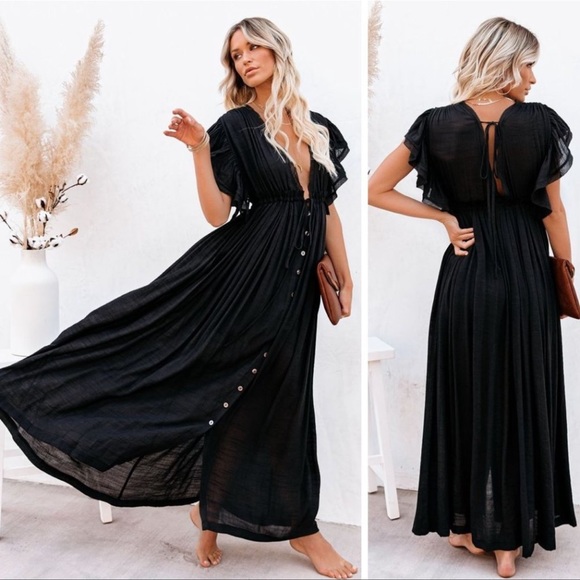 New Bohemian Long Black Gauze Button Front Flutter Maxi Summer Dress - Picture 5 of 11